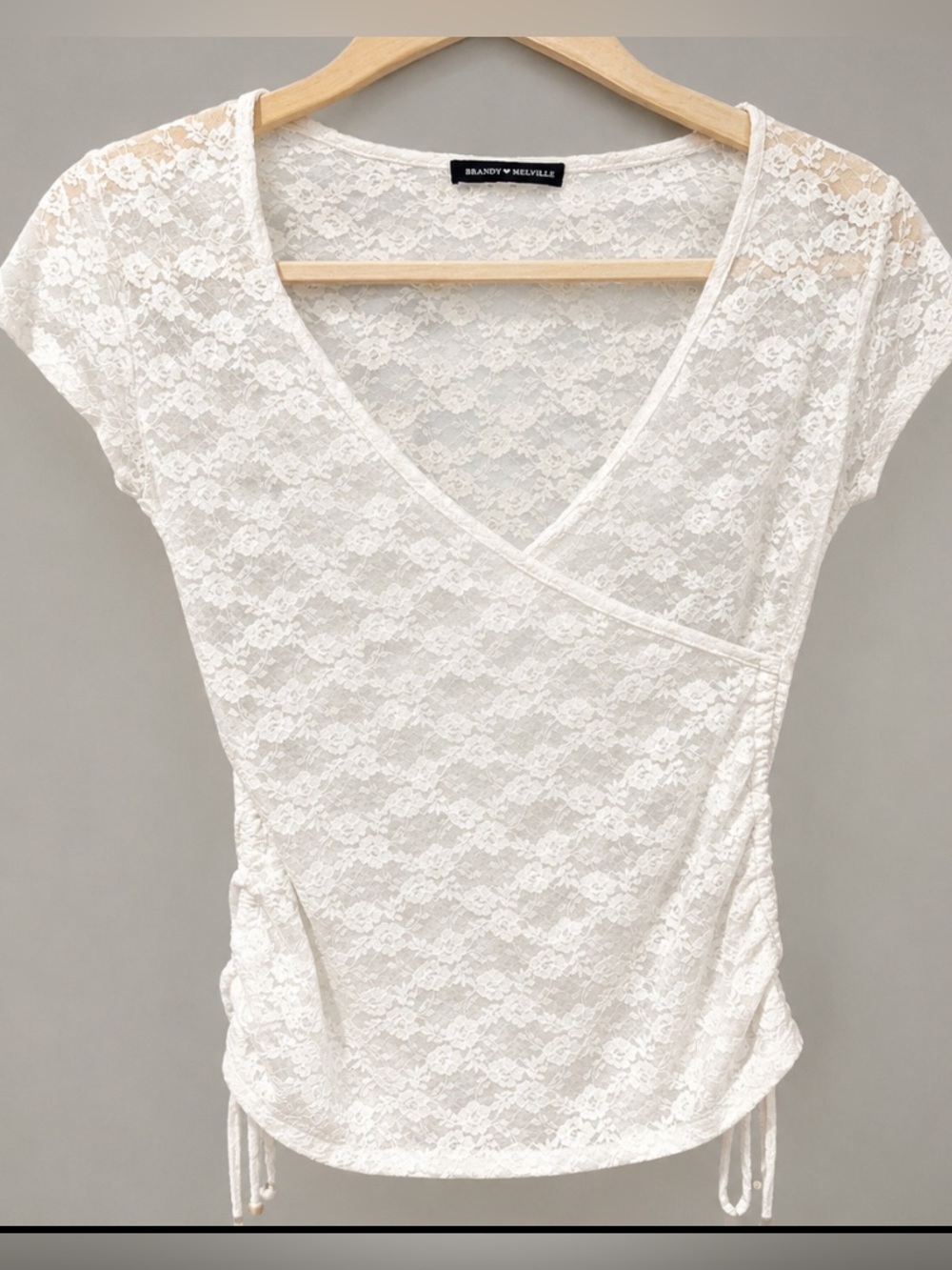 🌸2/20 Cream Lace Wrap Blouse Top Side Ties Boho Cottagecore Coquette Y2K Small